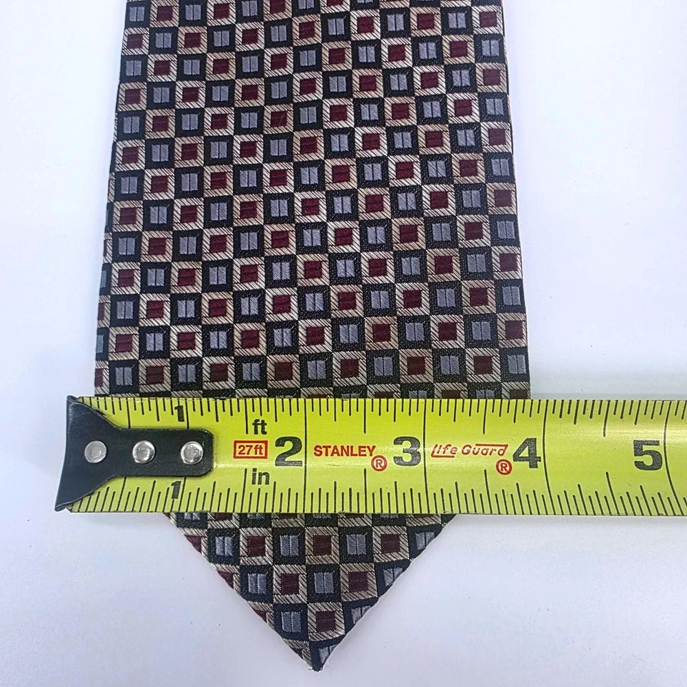 Joseph & Feiss Men Silk Tie Burgundy Grey Gold Geometric Square Pattern Handmade